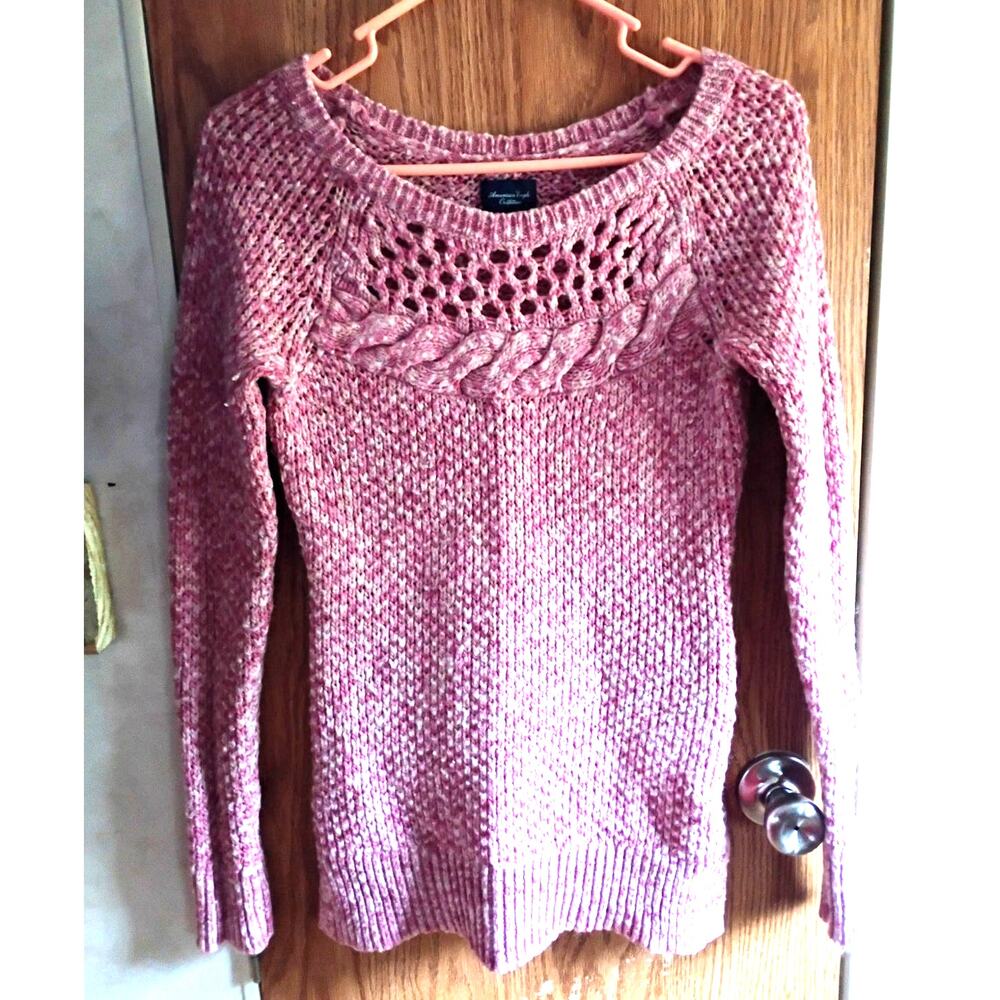 American Eagle Dusty Rose Marled Sweater XXS Openwork Cable Yoke Wool Blend